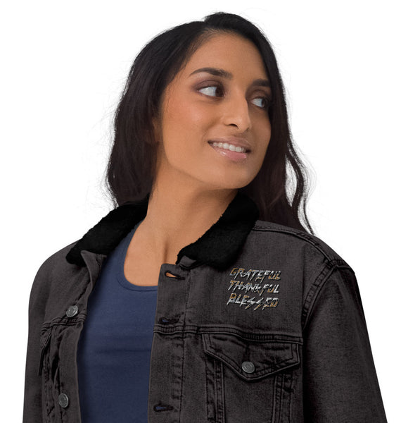 Grateful, Thankful, Blessed Embroidered Denim Trucker Jacket (S-3XL)