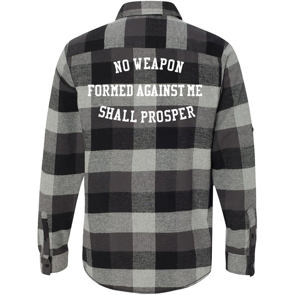 NO WEAPON FORMED AGAINST ME SHALL PROSPER LONG SLEEVE PLAID FLANNEL (S-3XL)
