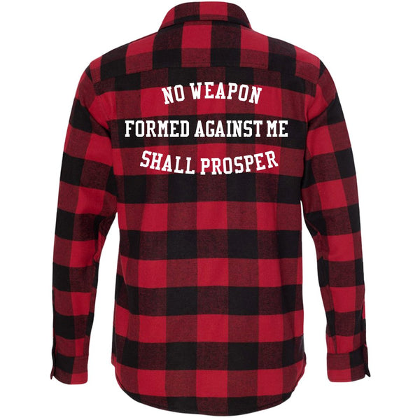 NO WEAPON FORMED AGAINST ME SHALL PROSPER LONG SLEEVE PLAID FLANNEL (S-3XL)