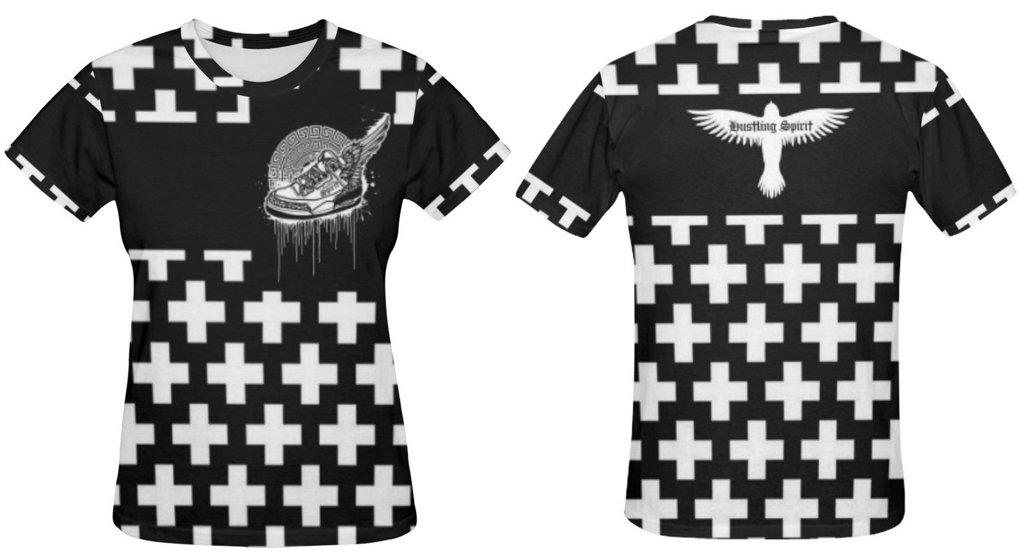 Footsteps Cross BW All Over Print Tee