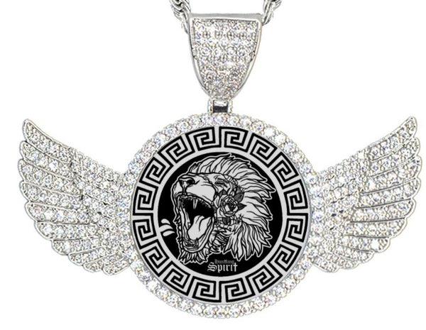 Fearless Lion Wings Silver Pendant w/Rope Chain