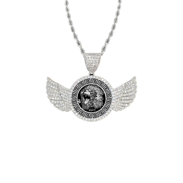 Fearless Lion Wings Silver Pendant w/Rope Chain